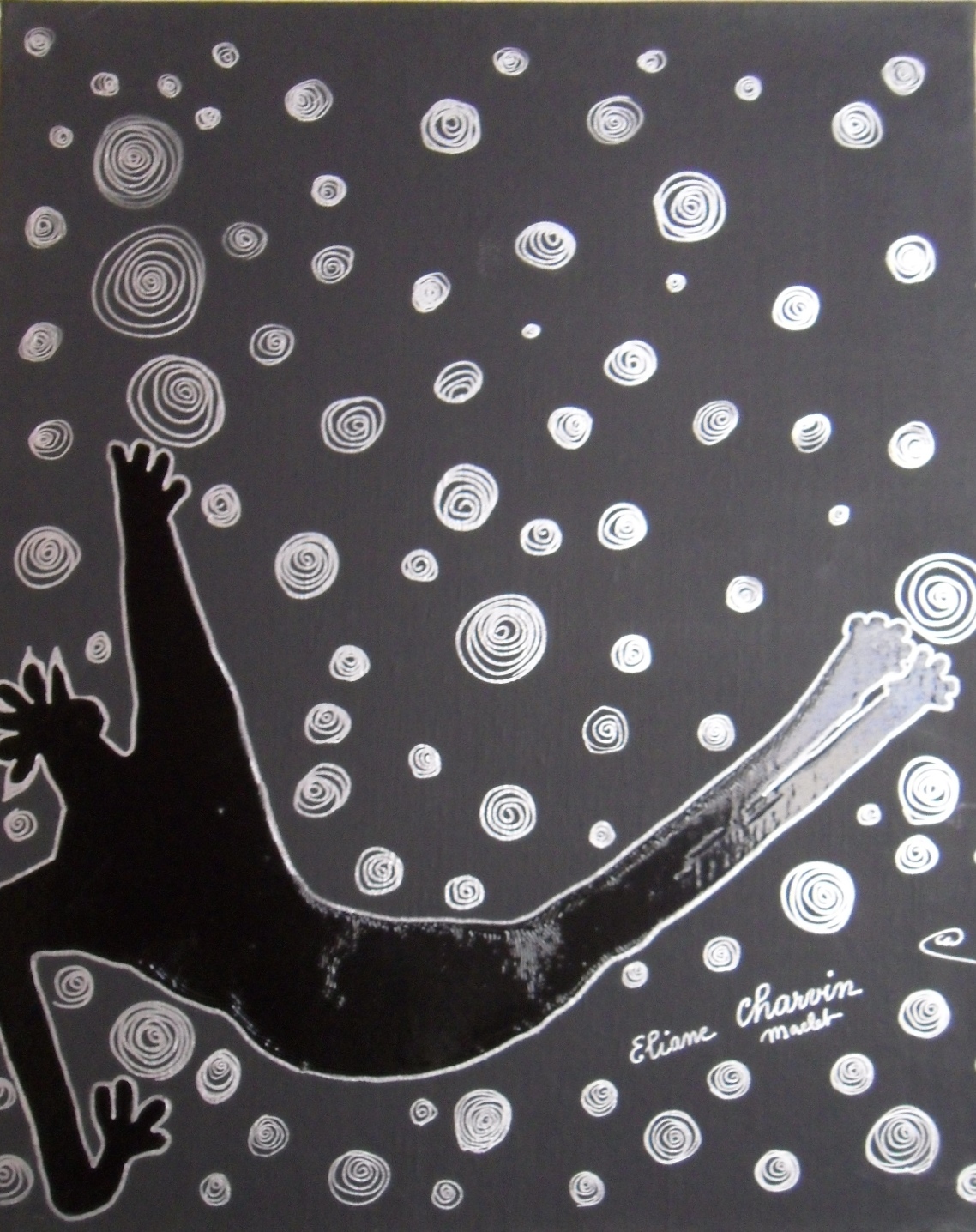 Eliane Charvin-Maclet, [Cerné par les bulles n°X], 1977, Huile et encre argentée sur toile, 61,2 x 50,3 x 2,5 cm (détail)