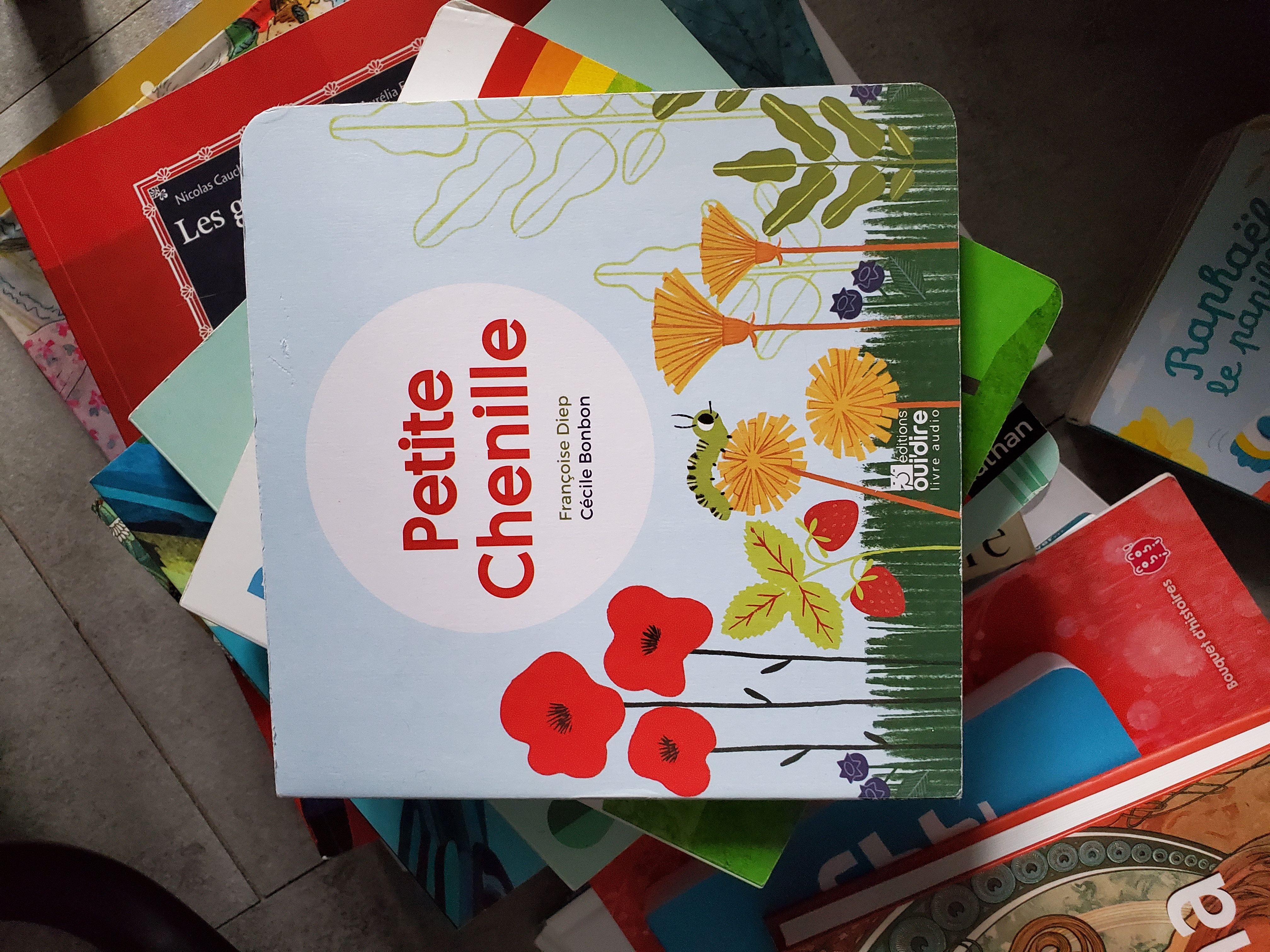 Zoom sur la couverture du livre "Petite chenille" posé sur une pile de livres