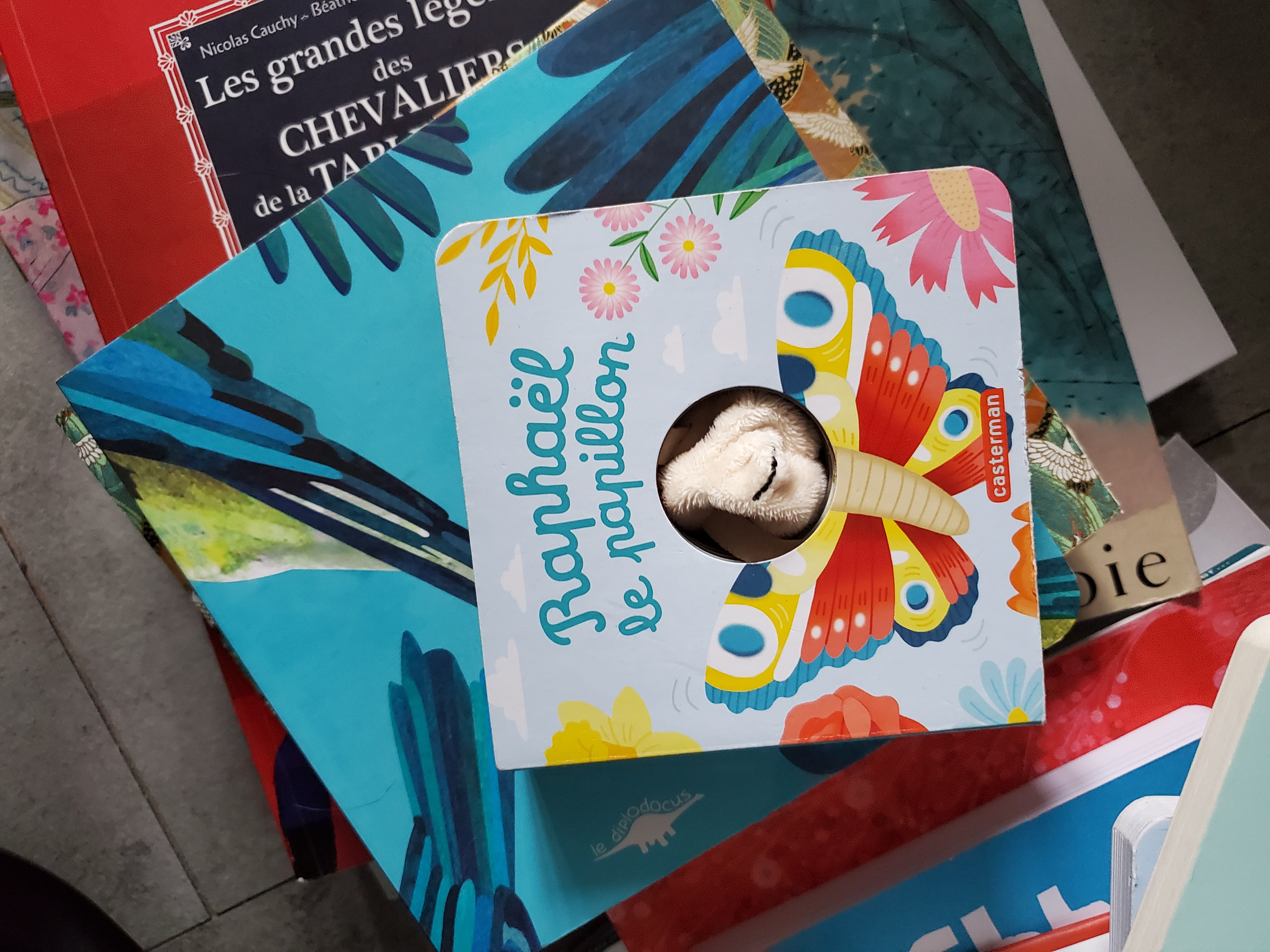 Zoom sur la couverture du livre " Printemps " posé sur une pile de livres