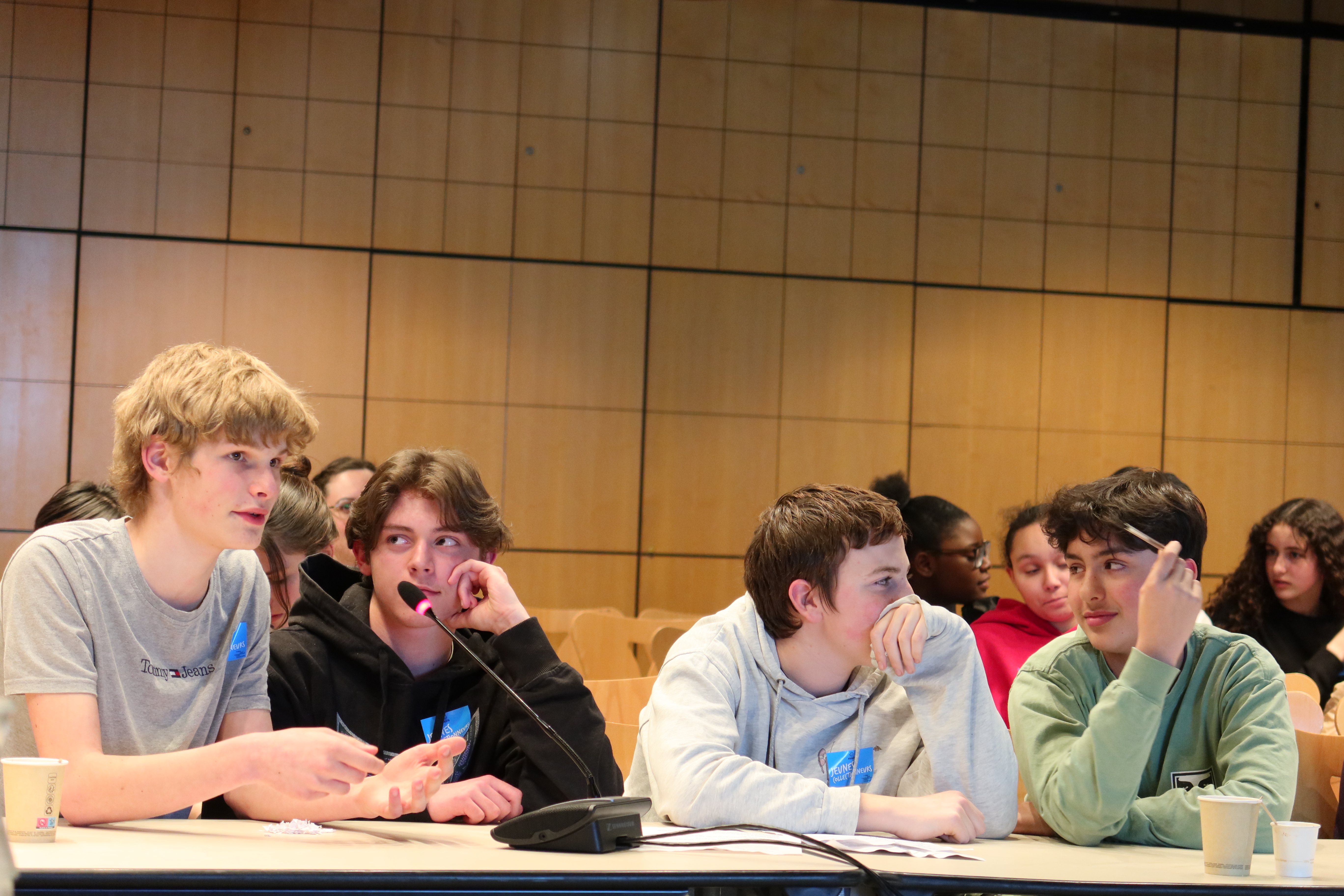 Noé, Sacha, Vadim et Joseph, élèves du collège La Grange aux Belles (10e), présentent leur proposition d'œuvre à la commission 2023