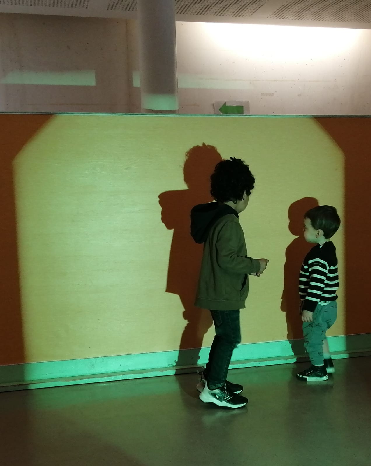 Deux petits garçons se tiennent face à un écran sur mur sur lequel est projetée de la lumière. Ils regardent leur ombre intrigués.